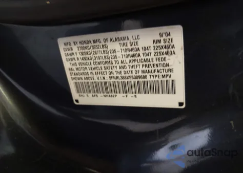 2005 Honda Odyssey Touring z USA, uszkodzony, nr VIN 5FNRL388X5B009680